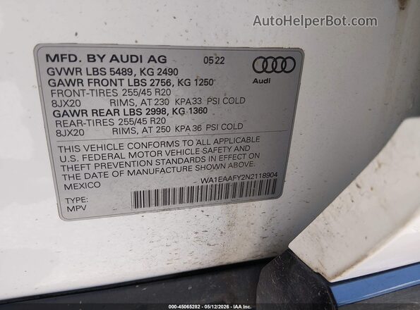 WA1EAAFY2N2118904 2022 AUDI Q5 White Շարժիչի բաժամունքի տեսք