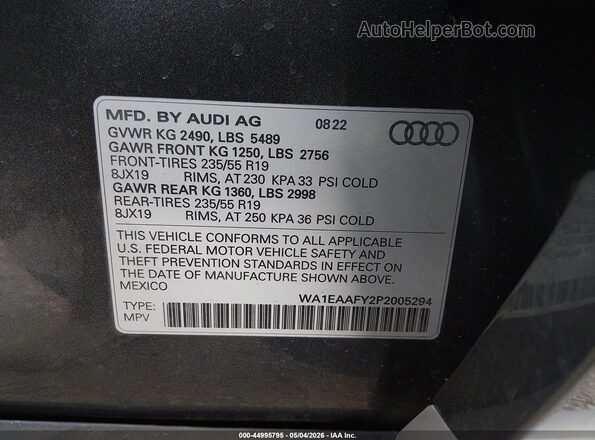 WA1EAAFY2P2005294 2023 AUDI Q5 Gray 