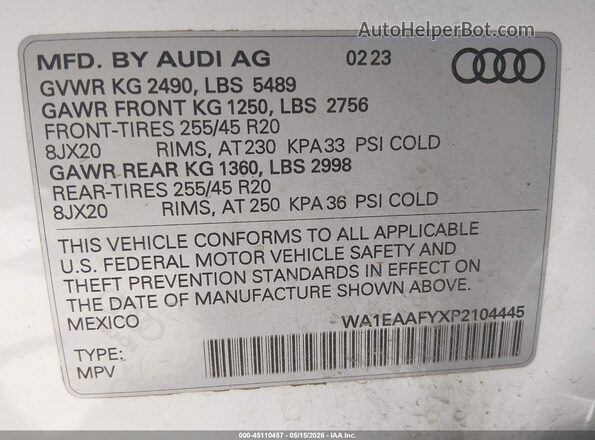 WA1EAAFYXP2104445 2023 AUDI Q5 White Vista del compartimento del motor