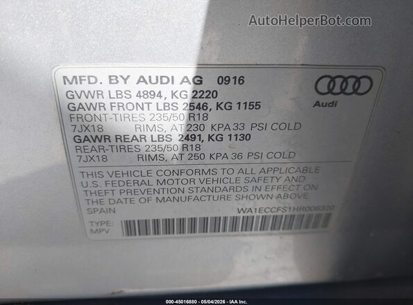 WA1ECCFS1HR006320 2017 AUDI Q3 Серебряный Вид подкапотного пространства
