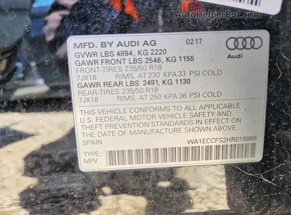 WA1ECCFS2HR015866 2017 AUDI Q3 Black Vista de la etiqueta del VIN