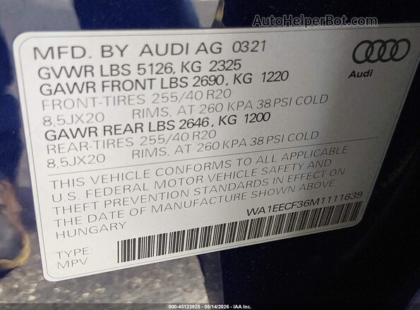 WA1EECF36M1111639 2021 AUDI Q3 Blue Engine compartment view