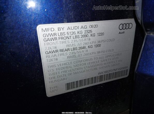 WA1EECF37M1020699 2021 AUDI Q3 Blue Engine compartment view