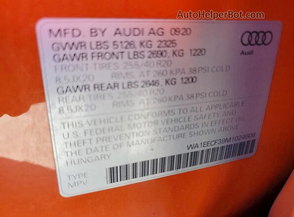 WA1EECF39M1024608 2021 AUDI Q3 Orange Vista de la etiqueta del VIN