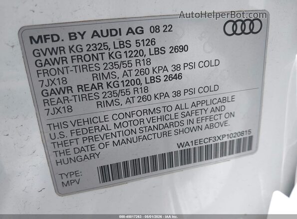WA1EECF3XP1020815 2023 AUDI Q3 White Engine compartment view