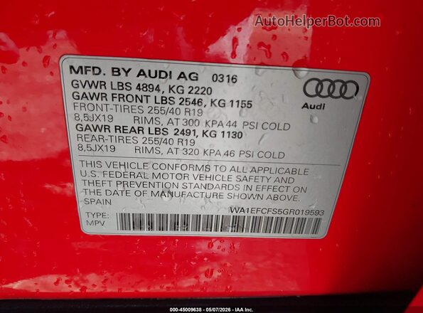 WA1EFCFS5GR019593 2016 AUDI Q3 Red 