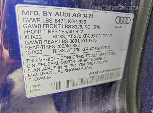 WA1EVAF10MD038057 2021 AUDI Q8 Blue სალონის 360-გრადუსიანი ხედი