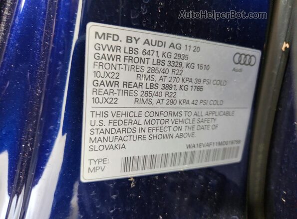 WA1EVAF11MD019758 2021 AUDI Q8 Blue სალონის 360-გრადუსიანი ხედი