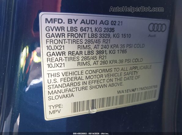 WA1EVAF17MD028755 2021 AUDI Q8 Gray Շարժիչի բաժամունքի տեսք