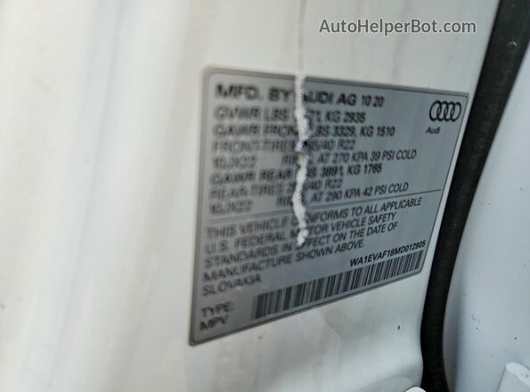 WA1EVAF18MD012905 2021 AUDI Q8 White VIN კოდის სტიკერის ხედი