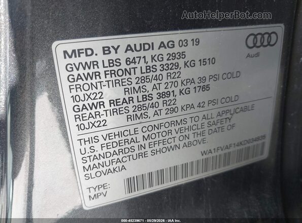 WA1FVAF14KD034935 2019 AUDI Q8 Gray Вид підкапотного простору