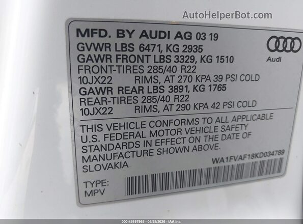 WA1FVAF18KD034789 2019 AUDI Q8 White Вид підкапотного простору