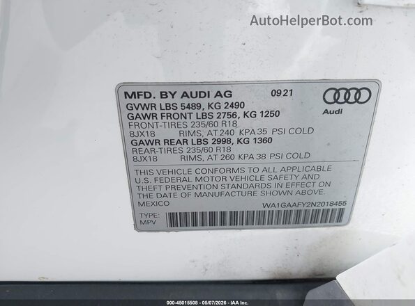 WA1GAAFY2N2018455 2022 AUDI Q5 White Engine compartment view