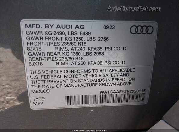 WA1GAAFY2R2020115 2024 AUDI Q5 Gray Vista del compartimento del motor