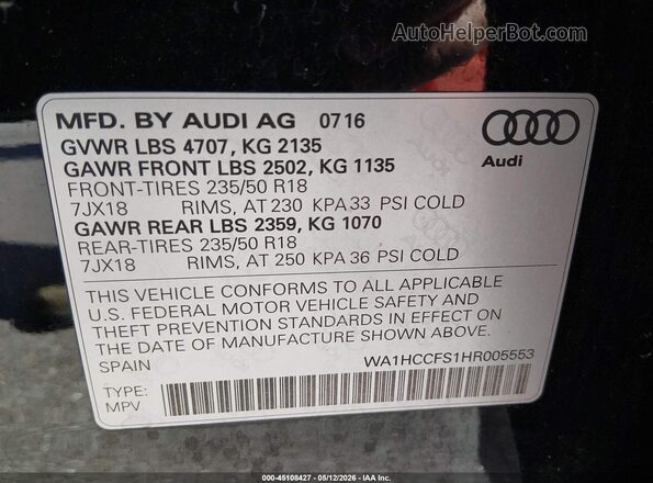 WA1HCCFS1HR005553 2017 AUDI Q3 Черный Вид подкапотного пространства