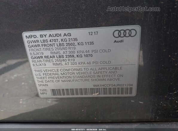 WA1HCCFS4JR021204 2018 AUDI Q3 Gray Вид підкапотного простору