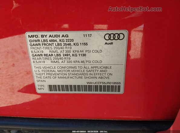 WA1JCCFS5JR018555 2018 AUDI Q3 Red Engine compartment view