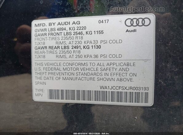 WA1JCCFSXJR003193 2018 AUDI Q3 Black 