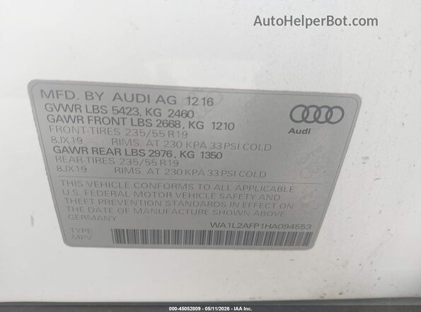 WA1L2AFP1HA094553 2017 AUDI Q5 White Engine compartment view