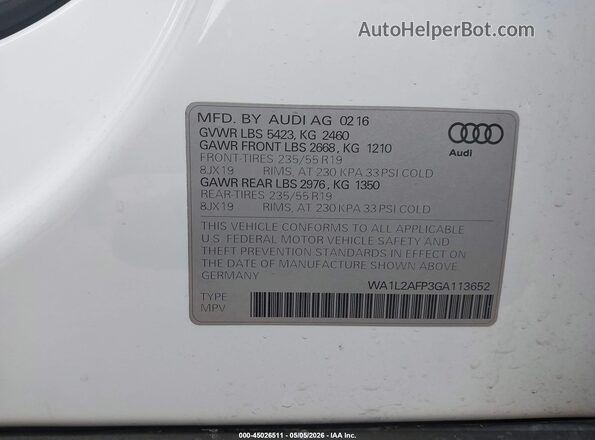 WA1L2AFP3GA113652 2016 AUDI Q5 White 