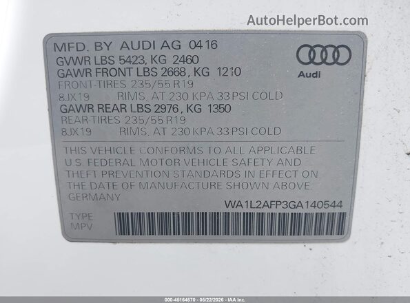 WA1L2AFP3GA140544 2016 AUDI Q5 White 