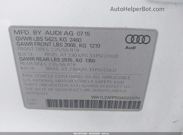 WA1L2AFP5GA022074 2016 AUDI Q5 White 