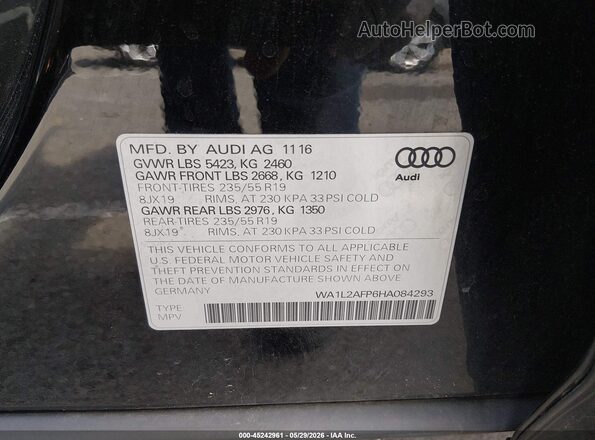 WA1L2AFP6HA084293 2017 AUDI Q5 Black Vista del compartimento del motor