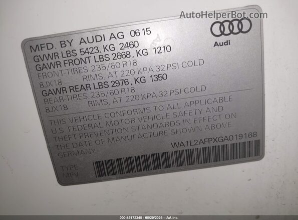 WA1L2AFPXGA019168 2016 AUDI Q5 White ძრავის განყოფილების ხედი