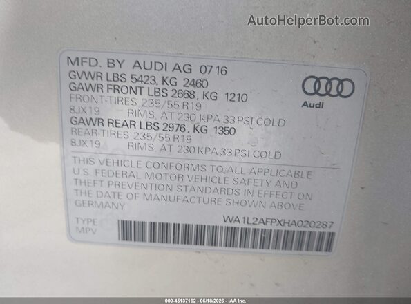 WA1L2AFPXHA020287 2017 AUDI Q5 Silver Vista del compartimento del motor