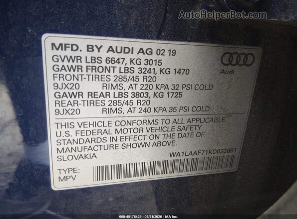 WA1LAAF71KD032661 2019 AUDI Q7 Blue Շարժիչի բաժամունքի տեսք