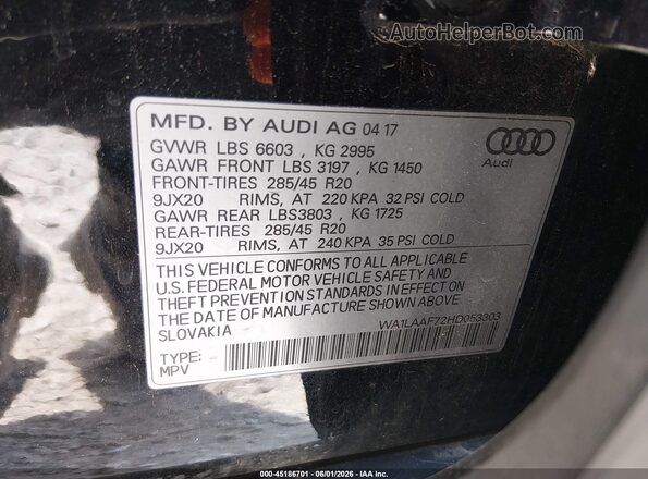WA1LAAF72HD053303 2017 AUDI Q7 Black Շարժիչի բաժամունքի տեսք