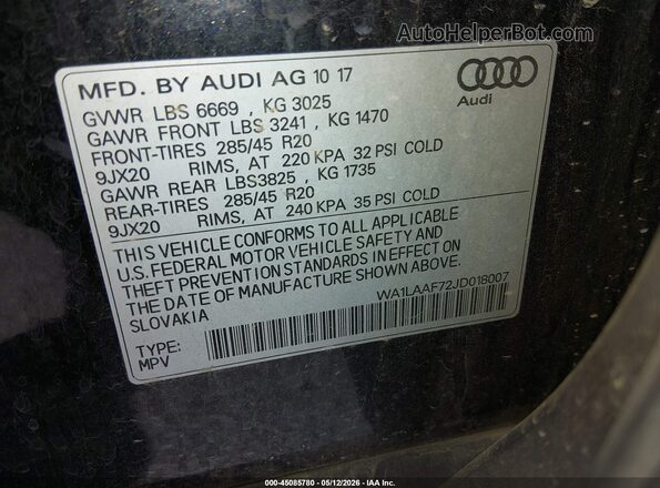 WA1LAAF72JD018007 2018 AUDI Q7 Black Շարժիչի բաժամունքի տեսք