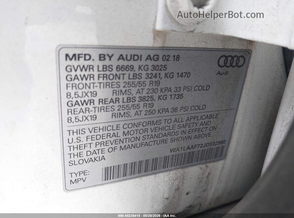 WA1LAAF72JD032960 2018 AUDI Q7 White ძრავის განყოფილების ხედი