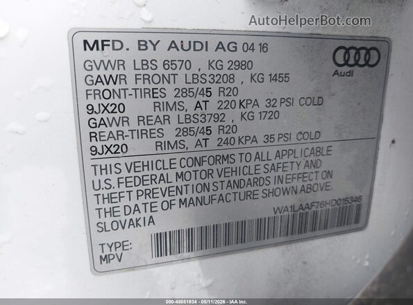 WA1LAAF76HD015346 2017 AUDI Q7 White 