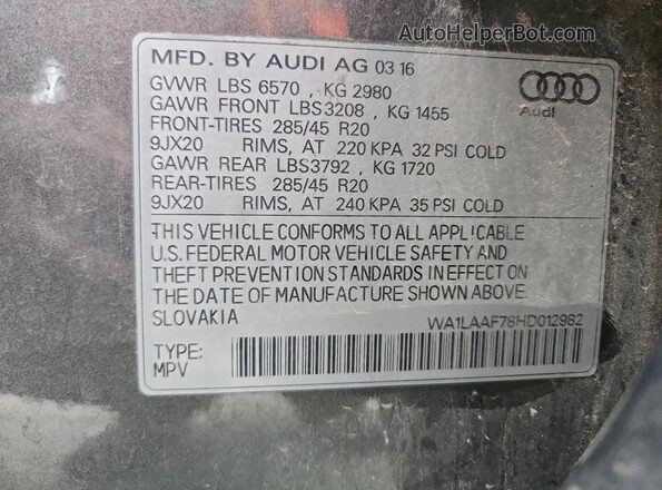 WA1LAAF78HD012982 2017 AUDI Q7 Gray VIN կոդի պիտակի տեսք