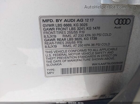 WA1LAAF79JD028436 2018 AUDI Q7 White Շարժիչի բաժամունքի տեսք