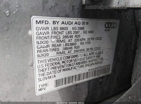 WA1LAAF7XHD019691 2017 AUDI Q7 Gray Engine compartment view