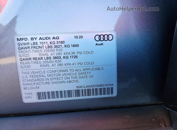 WA1LAAGEXMB010704 2021 AUDI E-TRON Серый Вид наклейки с VIN-кодом