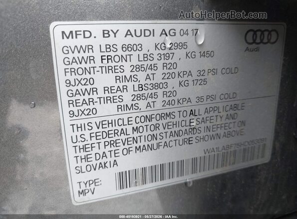 WA1LABF75HD053091 2017 AUDI Q7 Gray Vista del compartimento del motor