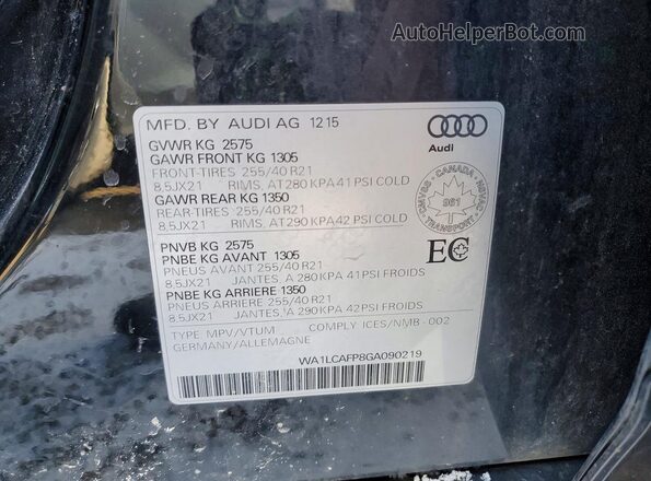 WA1LCAFP8GA090219 2016 AUDI SQ5 Black Vista de la etiqueta del VIN