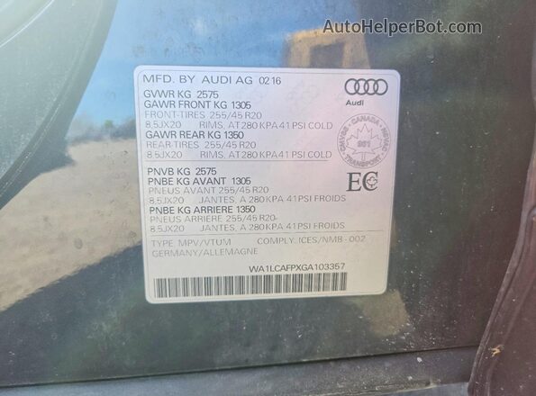 WA1LCAFPXGA103357 2016 AUDI SQ5 Black Вид наклейки з VIN-кодом