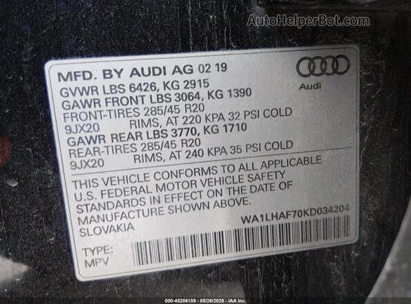 WA1LHAF70KD034204 2019 AUDI Q7 Black ძრავის განყოფილების ხედი