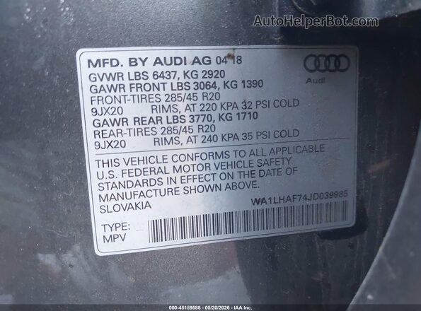 WA1LHAF74JD039985 2018 AUDI Q7 Gray Շարժիչի բաժամունքի տեսք