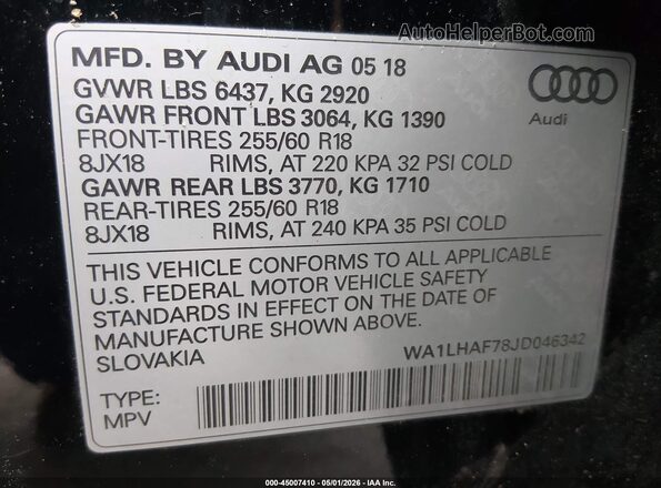 WA1LHAF78JD046342 2018 AUDI Q7 Black Вид підкапотного простору