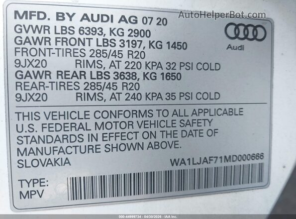 WA1LJAF71MD000666 2021 AUDI Q7 White ძრავის განყოფილების ხედი