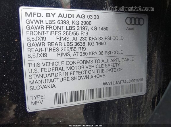 WA1LJAF74LD007898 2020 AUDI Q7 Black Vista del compartimento del motor