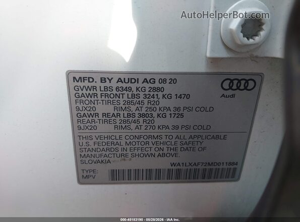 WA1LXAF72MD011884 2021 AUDI Q7 White Вид підкапотного простору
