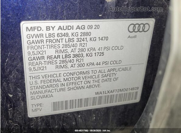 WA1LXAF72MD014929 2021 AUDI Q7 Blue Widok naklejki z numerem VIN