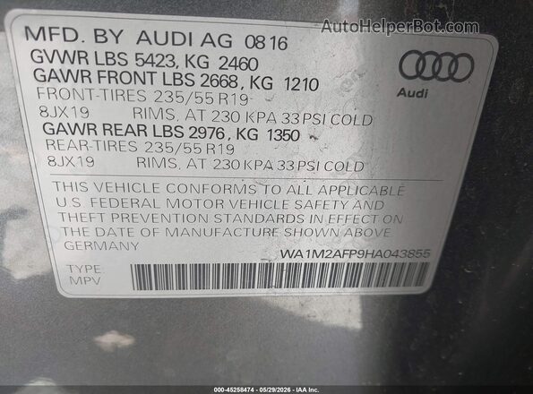 WA1M2AFP9HA043855 2017 AUDI Q5 Серый Вид подкапотного пространства