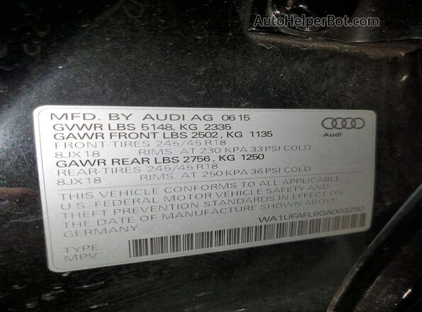 WA1UFAFL6GA003250 2016 AUDI A4 Черный Вид наклейки с VIN-кодом